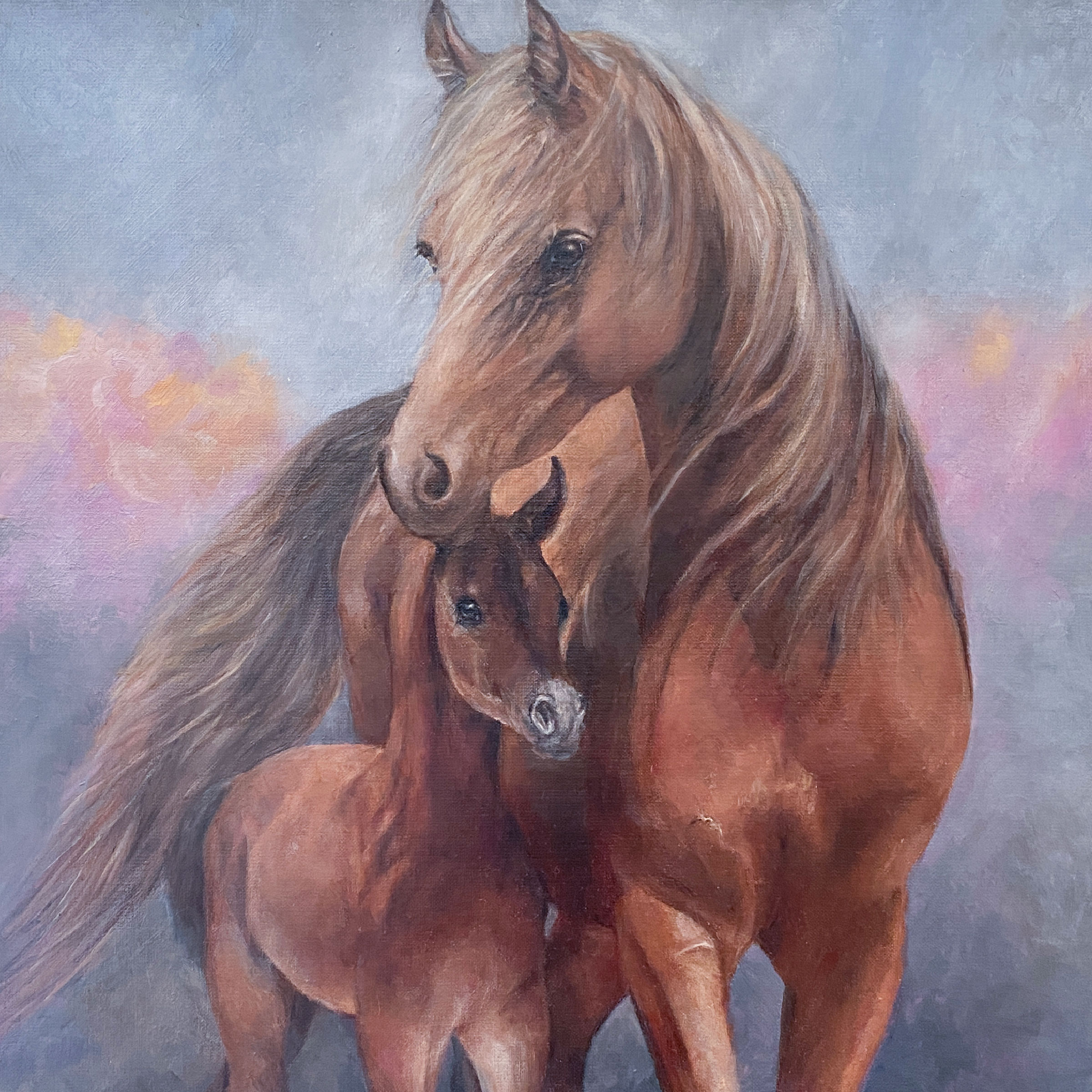 Fire Background with Arabian Mare and Foal Oil Painting By Julie Derby