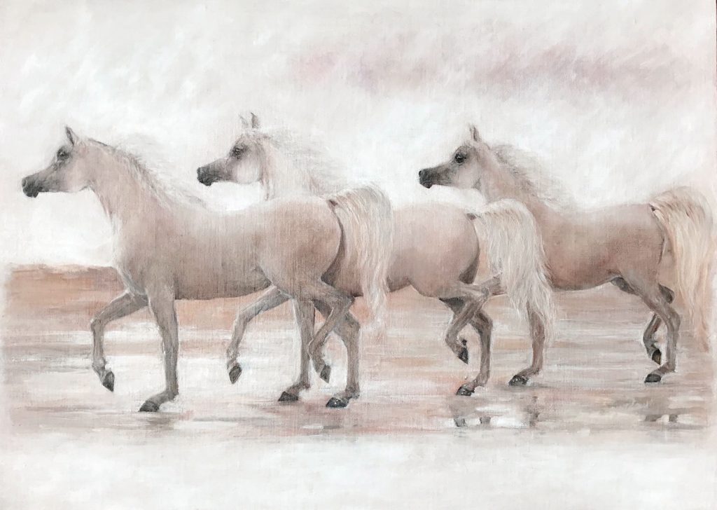 White Arabian Horses In Desert Sand Painting by Julie Derby