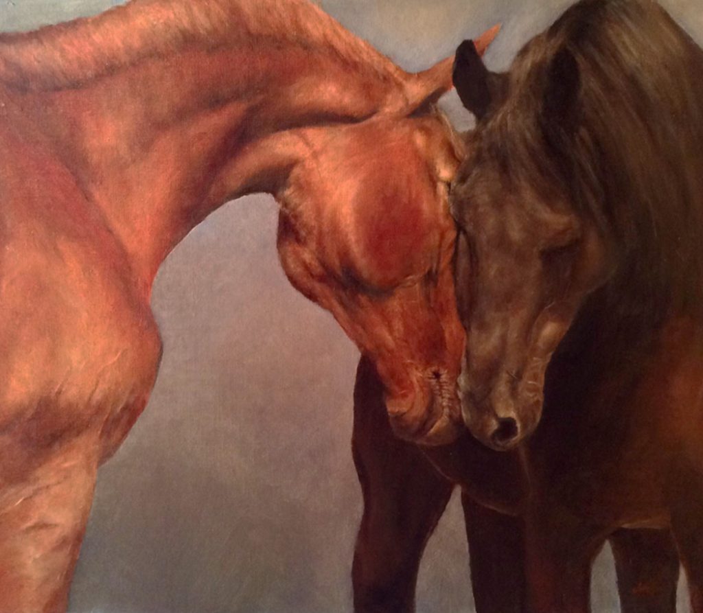 Oil Painting of Connection I by Julie Derby Featuring A Brown and Black Horse