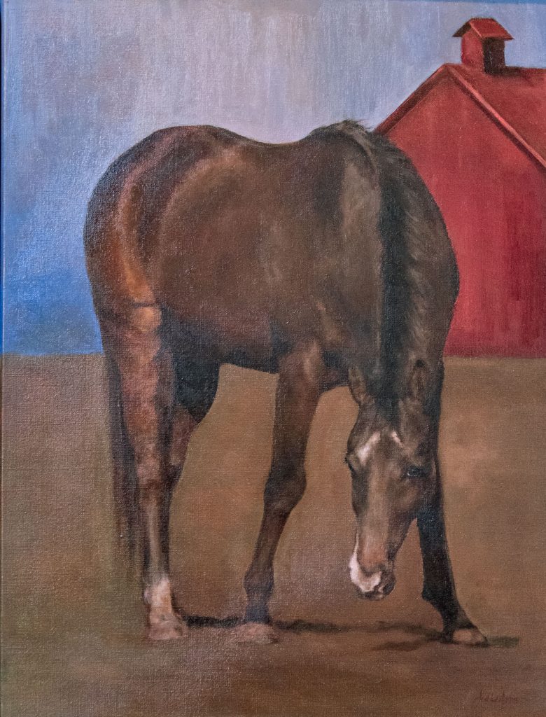 Oil Painting by Julie Derby Featuring A Gazing Horse and Red Barn