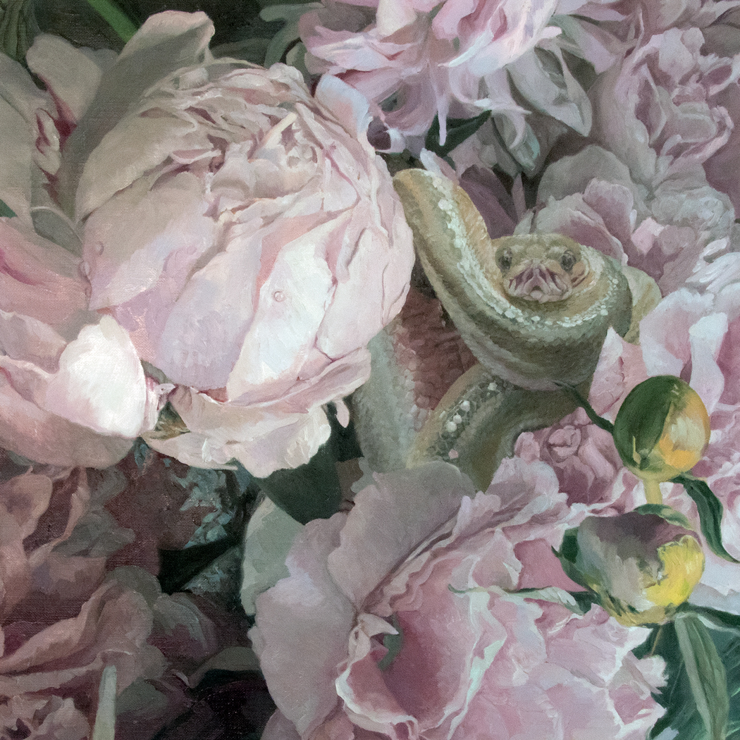 Original Oil Painting with Peonies and a Tree Python By Julie Derby