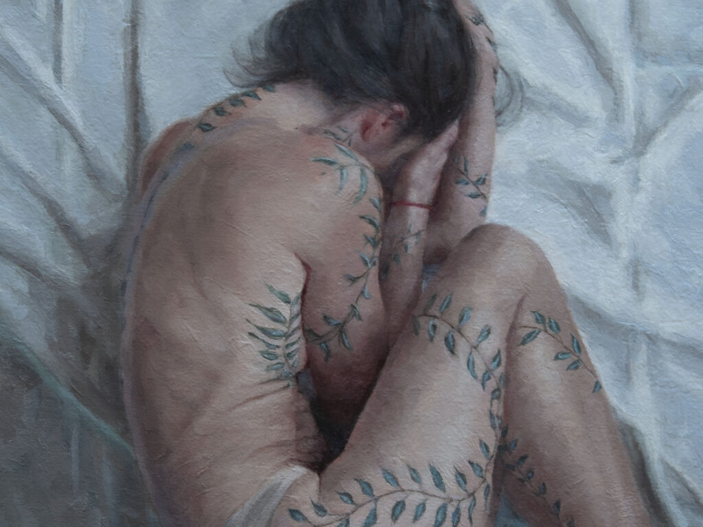 Oil Painting of A Hurt Woman Reflecting Inwardly by JulieAnn Derby Called Recoil