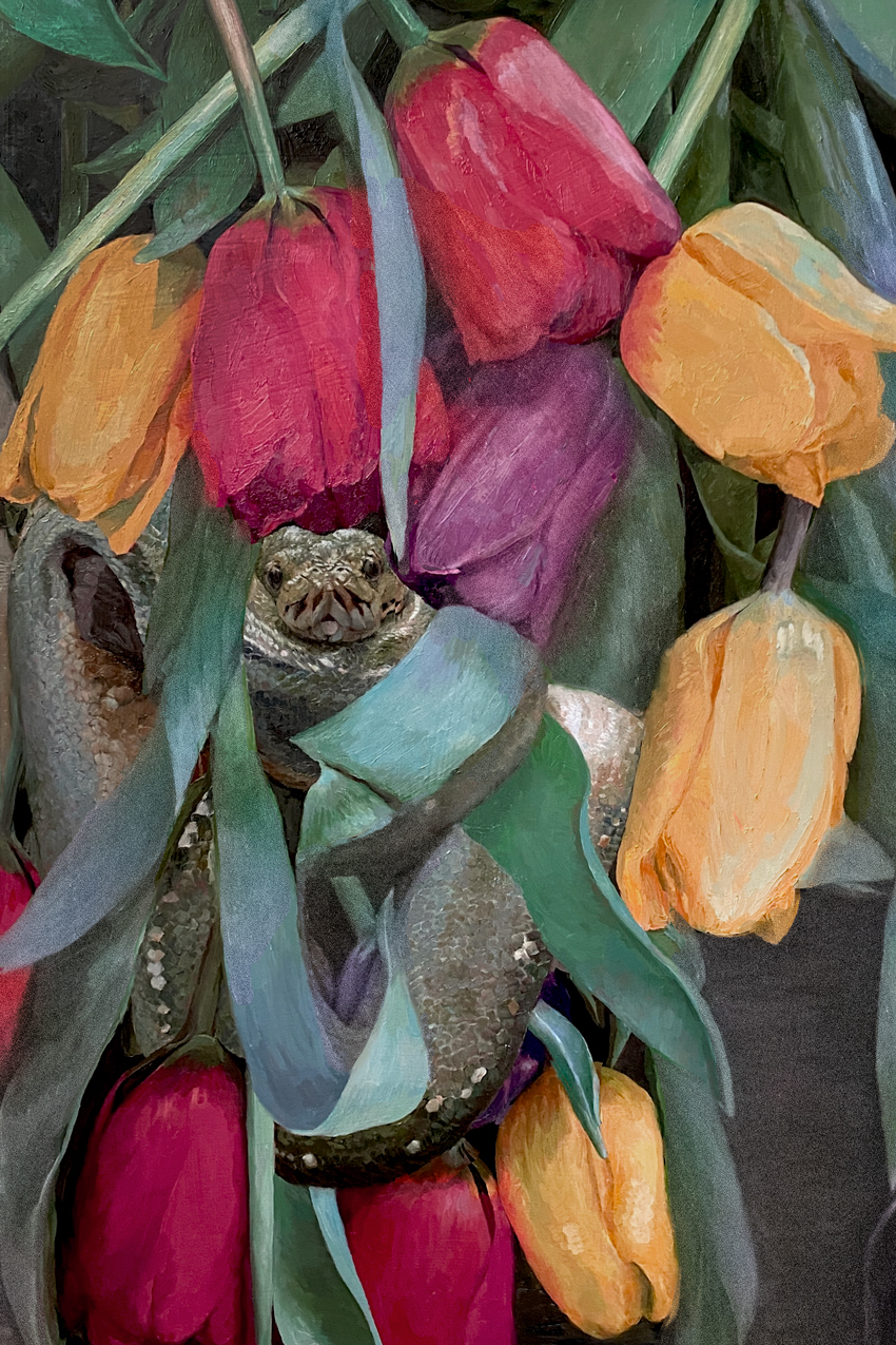 Original Oil Painting with Tulips and a Tree Python By Julie Derby