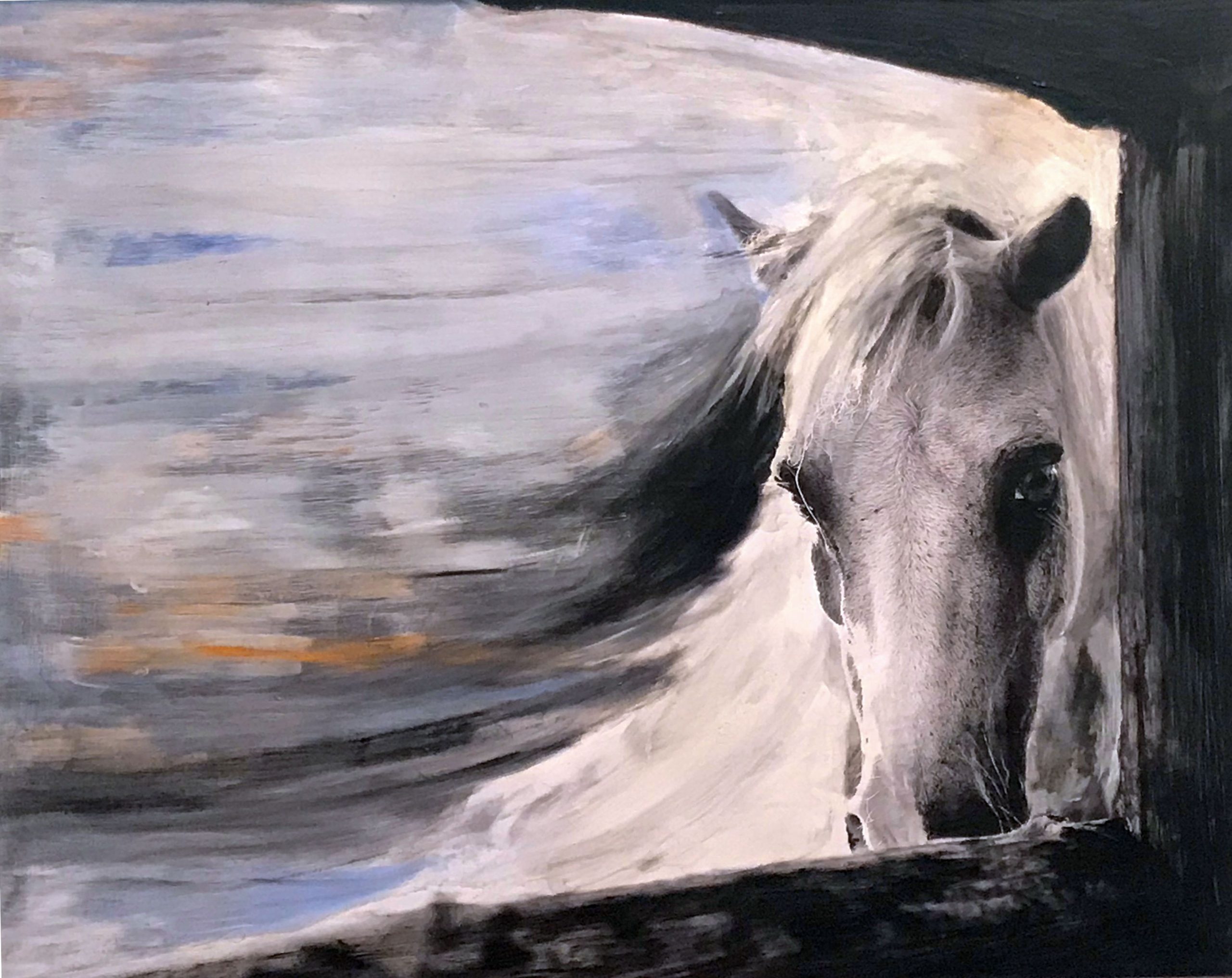 Original Painting of a White Horse and Fence by Julie Derby