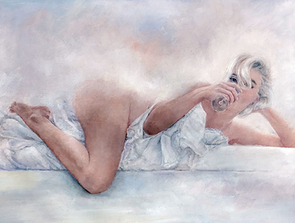 Realistic Oil Painting of Marilyn Monroe Drinking in White Sheets by Julie Derby